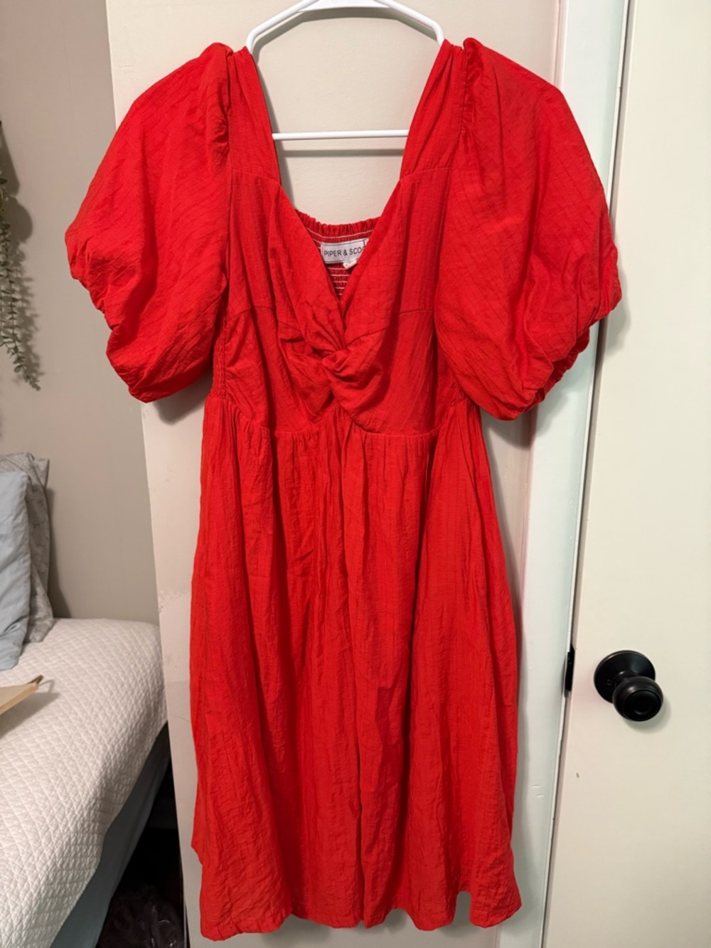 Bright Red Puff-Sleeve Midi Dress by Parker & Shores